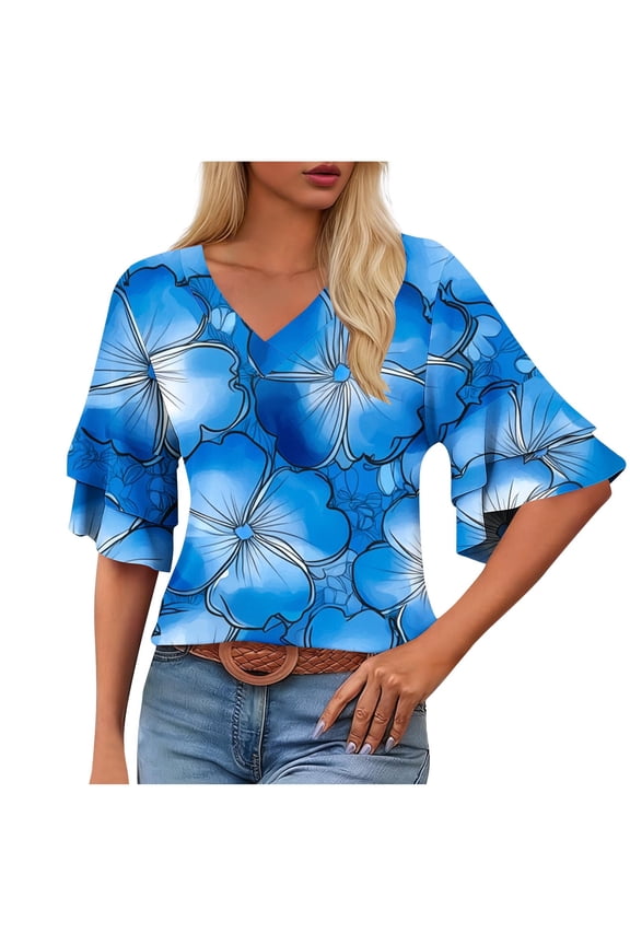 Women's Casual T-Shirt V-Neck Short Sleeve Loose Fit Double Layered Flutter Sleeve Top Pullover Blouse, Light Blue XXL