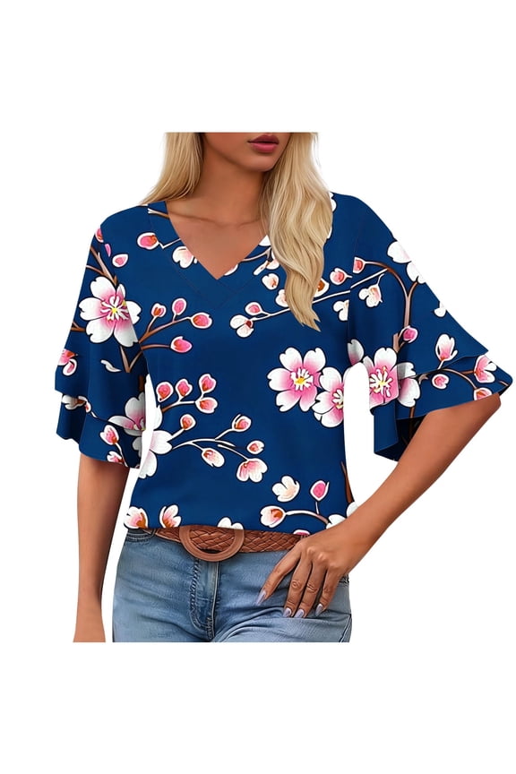 Women's Casual T-Shirt V-Neck Short Sleeve Loose Fit Double Layered Flutter Sleeve Top Pullover Blouse, Navy XXL