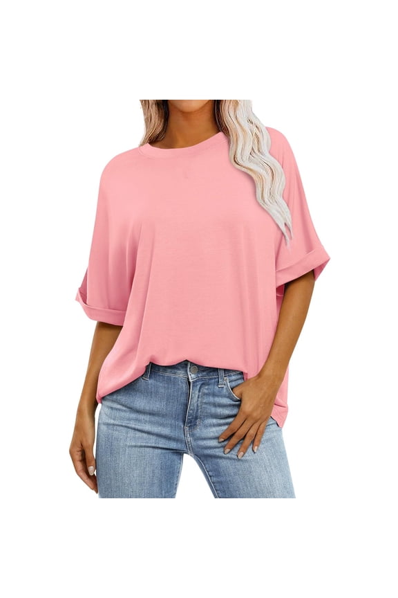 Women's Casual T-Shirt Vintage Classic Crewneck Short Sleeve Loose Fit Solid Color Basic Tee Top, Pink L