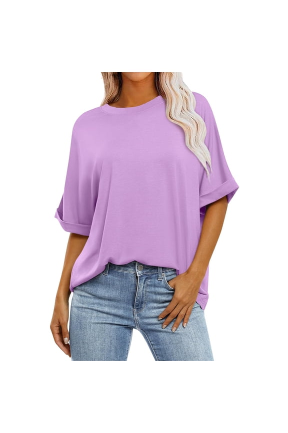Women's Casual T-Shirt Vintage Classic Crewneck Short Sleeve Loose Fit Solid Color Basic Tee Top, Purple L