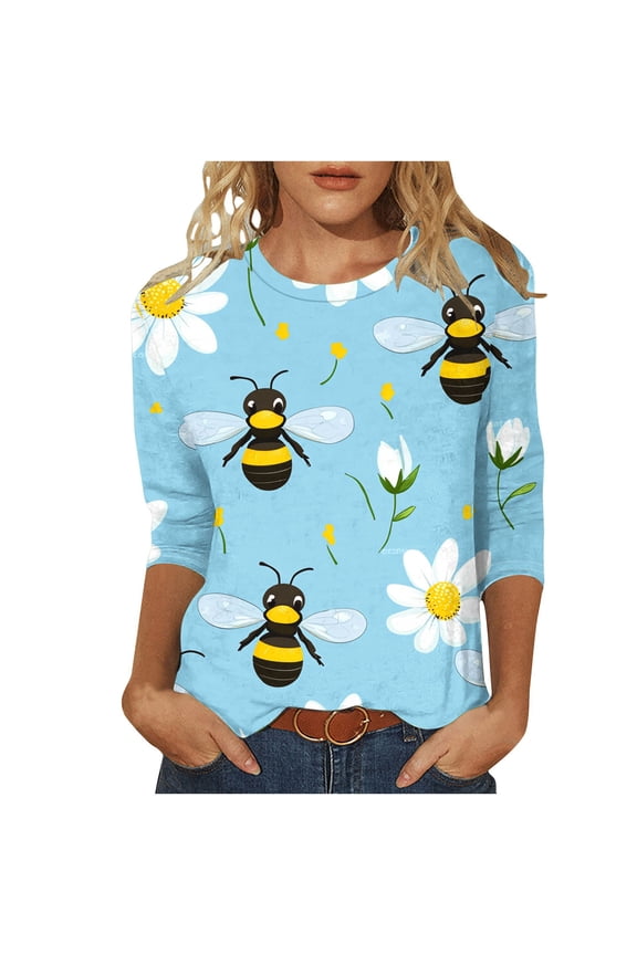Women's Casual T-Shirt World Bee Day Printed Round Neck 3/4 Sleeve Loose Blouse Top, Sky Blue S