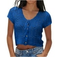 thumbnail image 1 of Staron Women's Casual Top V Neck Short Sleeve Loose Cropped Bow Tie Hollow Out Blouse Shirt, Blue L, 1 of 7