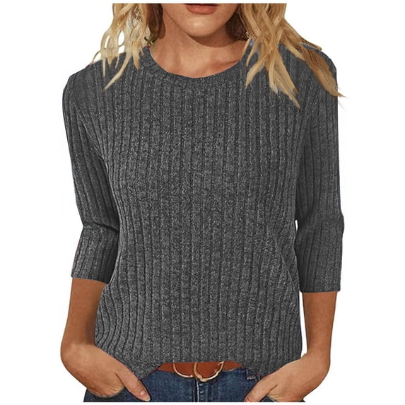 Staron Women's Casual Tops 3/4 Sleeve Round Neck Solid Color Blouse Basic Comfy Relaxed Loose Fit T-Shirt, Dark Gray XXL