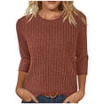 thumbnail image 1 of Staron Women's Casual Tops 3/4 Sleeve Round Neck Solid Color Blouse Basic Comfy Relaxed Loose Fit T-Shirt, Orange S, 1 of 5