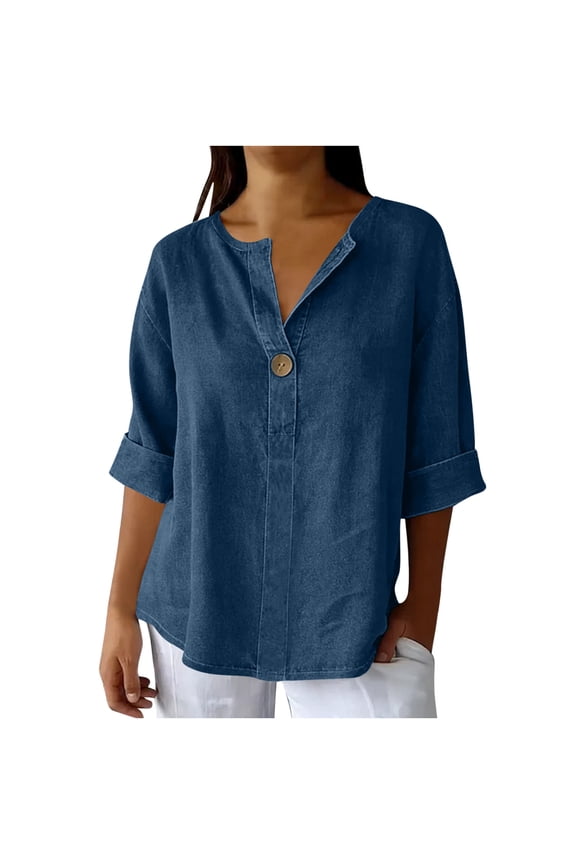 Women's Casual Tops Loose V-Neck 3/4 Sleeve Basic Tee Shirt Round Neck Blouse Comfy Relaxed Fashion Top, Navy 3XL