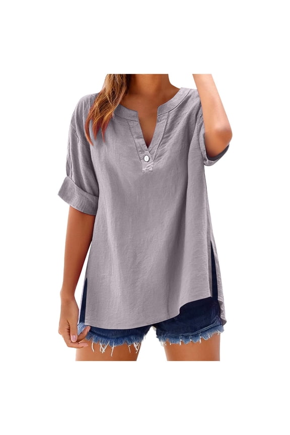 Women's Casual Tops V-Neck Button Down Shirt 3/4 Sleeve Hem Split Slit Loose Blouse Fashion T-Shirt, Purple S
