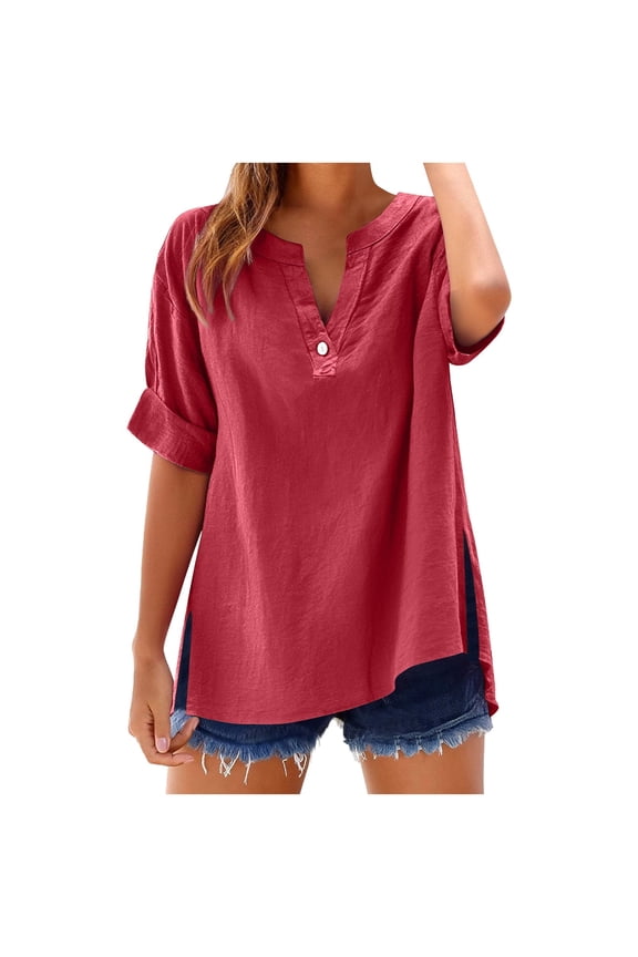 Women's Casual Tops V-Neck Button Down Shirt 3/4 Sleeve Hem Split Slit Loose Blouse Fashion T-Shirt, Red XXL