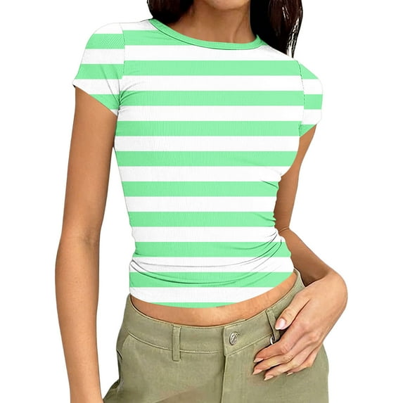 Staron Women's Casual Unstructured Print Top Round Neck Short Sleeve Fitted Slim Ribbed T-Shirt, Green L