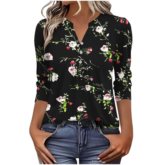 Staron Women's Casual V-Neck 3/4 Sleeve Button Front Blouse Loose Fit Ruffle Detail Spring Summer Top, Black S