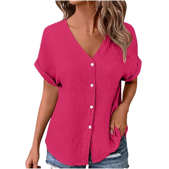 Staron Women's Casual V-Neck Button-Up Short Sleeve Shirt Jacket Loose Comfy Blouse with Pockets Vintage Fashion Top, Hot Pink L
