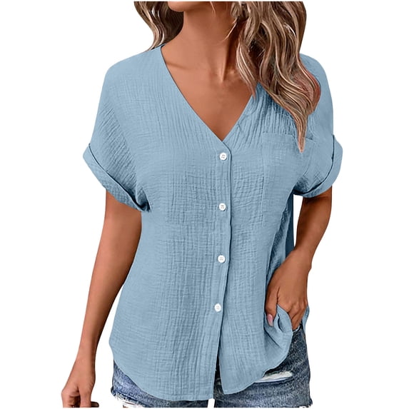 Staron Women's Casual V-Neck Button-Up Short Sleeve Shirt Jacket Loose Comfy Blouse with Pockets Vintage Fashion Top, Light Blue XXL