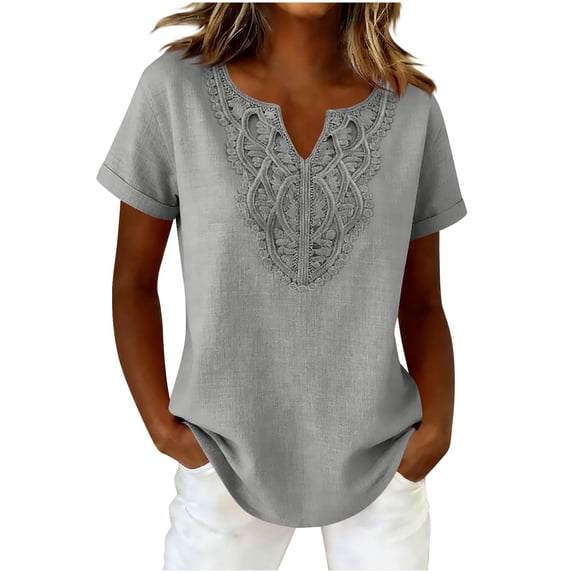 Staron Women's Casual V Neck Short Sleeve Blouse Loose Fit Textured Button Down Shirt with Eyelet Detail Spring Summer Top, Gray L