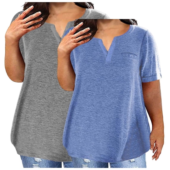 Staron Women's Casual V-Neck Short Sleeve Oversized T-Shirt 2-Pack Solid Color Basic Loose Plus Size Top, Blue 5XL