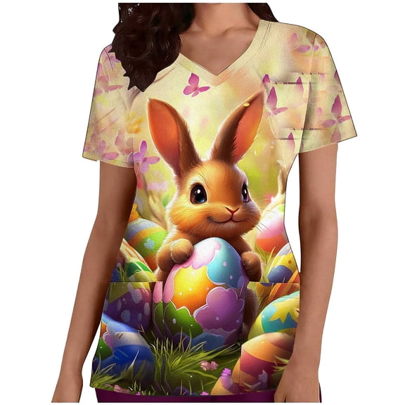 Staron Women's Casual V-Neck Short Sleeve Printed Top with Pockets Easter Relaxed Loose Fit Blouse, Beige M