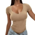 thumbnail image 1 of Staron Women's Casual V-Neck Short Sleeve Pullover Top Solid Color Basic Tee Blouse, Khaki M, 1 of 6