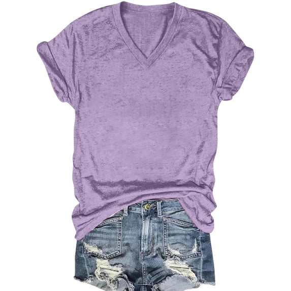 Staron Women's Casual V-Neck Short Sleeve T-Shirt Basic Solid Color Top Layering Loose Fit Comfy Everyday Tee, Purple L