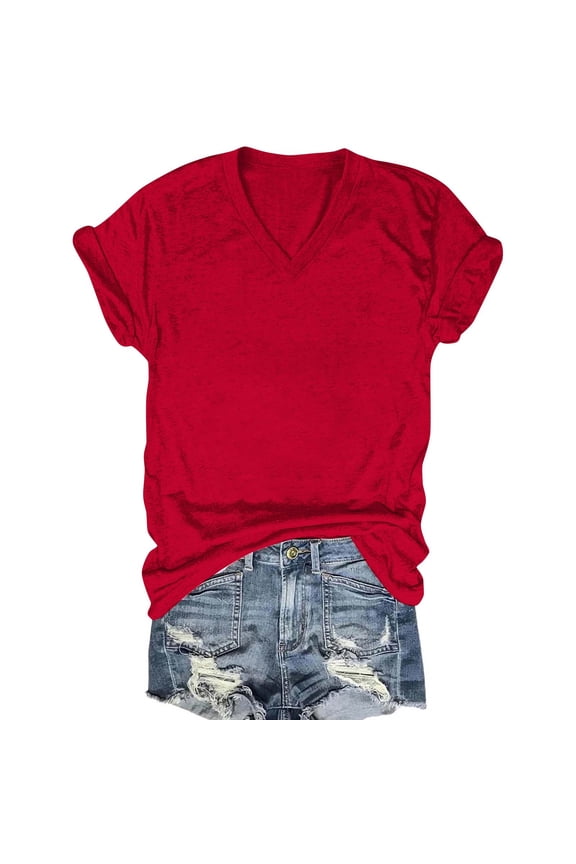 Women's Casual V-Neck Short Sleeve T-Shirt Basic Solid Color Top Layering Loose Fit Comfy Everyday Tee, Red XL
