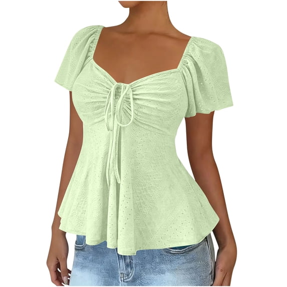 Staron Women's Casual V-Neck Short Sleeve Top Lace Up Tie Front T-Shirt Blouse, Mint Green L
