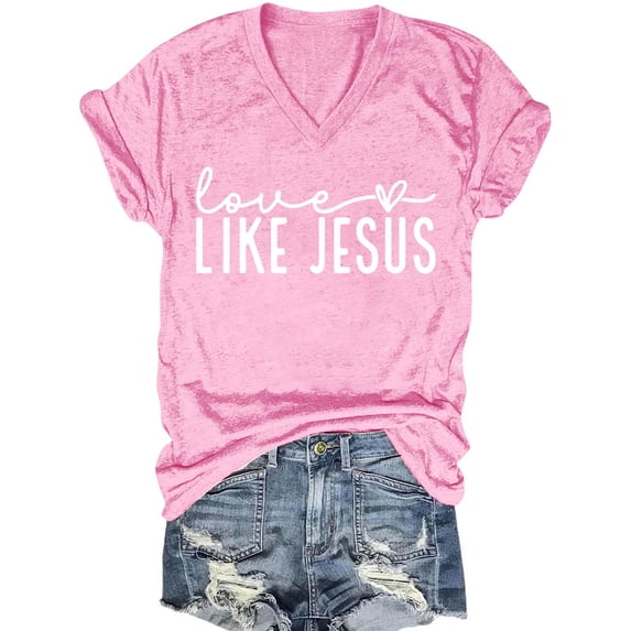 Staron Women's Casual V-Neck Short Sleeve Tops Basic Print Layering Tee Shirts, Pink L