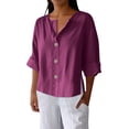 thumbnail image 1 of Staron Women's Casual V-Neck Three Quarter Sleeve Loose Blouse Solid Color Fashion Top with Decorative Buttons, Hot Pink 3XL, 1 of 7