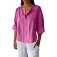 thumbnail image 1 of Staron Women's Casual V-Neck Three Quarter Sleeve Loose Blouse Solid Color Fashion Top with Decorative Buttons, Pink L, 1 of 7