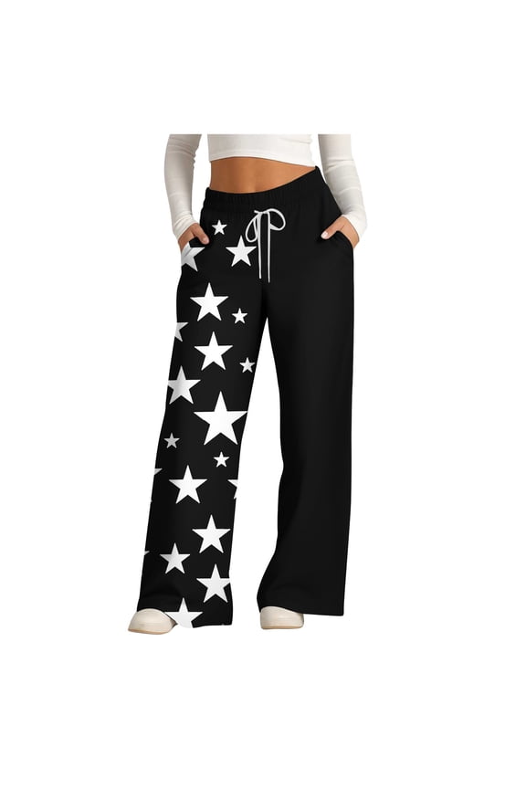 Women's Casual Wide Leg Pants Star Print Drawstring High Waist Loose Fit with Pockets Fashion Trousers, Black L