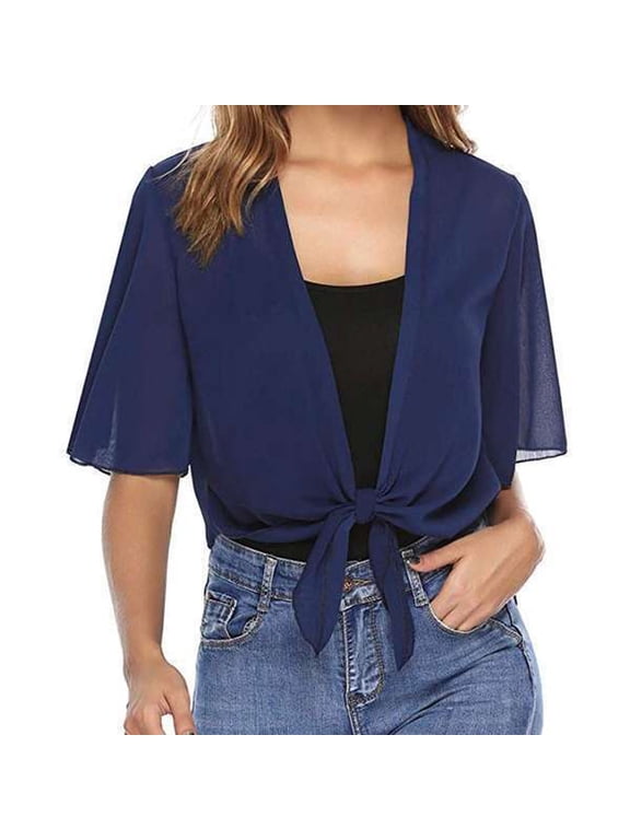 Women's Chiffon Shawl Wrap Bolero Cape Short Sleeves Casual Fashion Evening Wedding Party Flapper Solid Top, Navy M