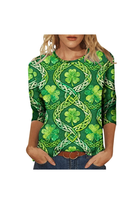 Women's Christmas Printed Top 3/4 Sleeve Round Neck Casual Fashion Loose T-Shirt, Green XL