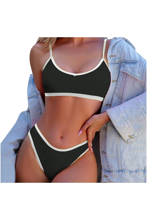 Women's Color Blocked V-Neck Sleeveless Bikini Swimsuit Beachwear High Cut Split Tankini with Padded Top, Black M