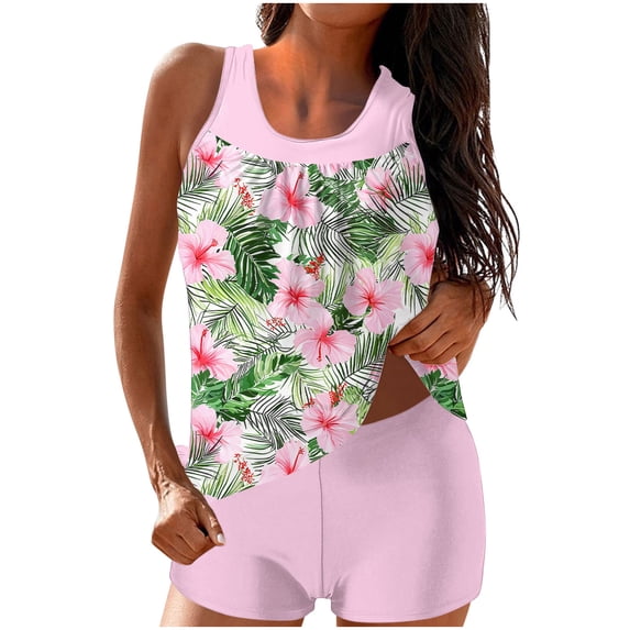 Staron Women's Conservative Swimsuit Two-Piece Set Printed Top Boyshort Bottoms with Padded Bra Comfy Stretchy Elastic Waistband Beach Vacation Swimwear, Pink M