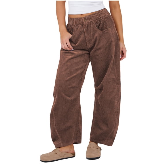 Staron Women's Corduroy Pants High Waisted Casual Straight Leg Trousers with Pockets Loose Comfy Solid Color Relaxed Lounge Pants, Coffee XL