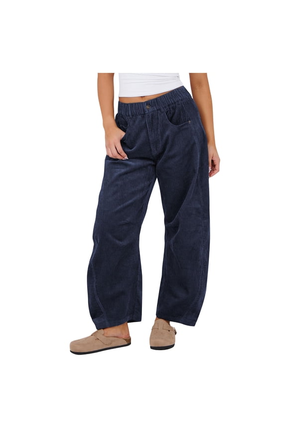 Women's Corduroy Pants High Waisted Casual Straight Leg Trousers with Pockets Loose Comfy Solid Color Relaxed Lounge Pants, Navy L