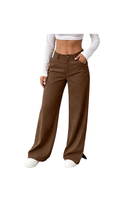 Women's Corduroy Pants with Pockets Side Slit Casual Loose Fit Sporty Trousers Long Pants, Coffee S