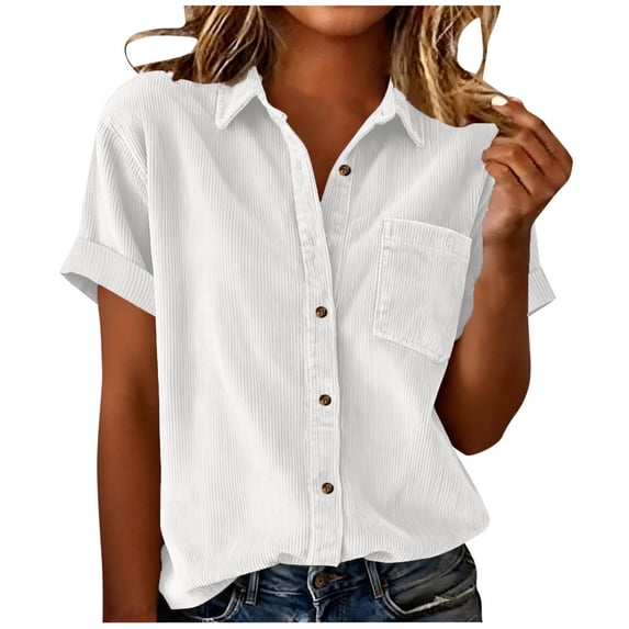 Staron Women's Corduroy Short Sleeve Lapel Shirt Jacket Casual Loose Button Down Pocket Cardigan Top, White L