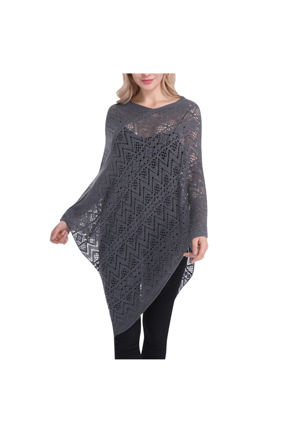 Women's Crochet Hooded Cape Shawl Wrap Sweater V-Neck Short Sleeve Loose Oversized Boho Casual Party Vacation, Gray FREE SIZE