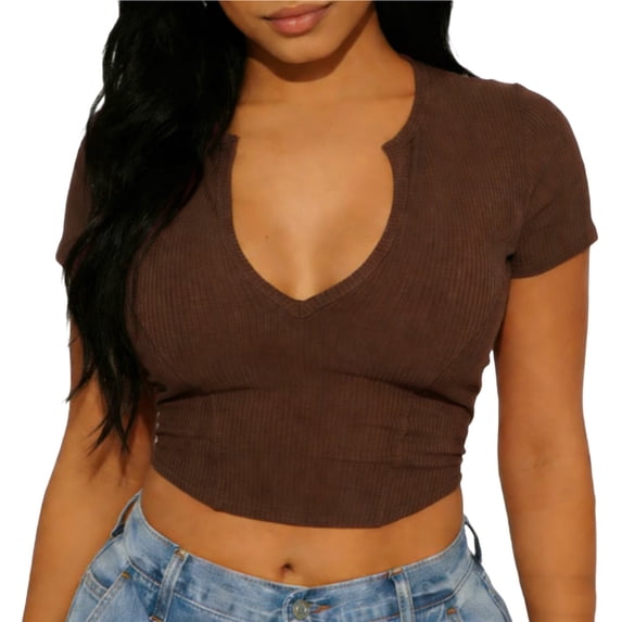 Staron Women's Crop Top Notched V-Neck Short Sleeve Slim Fit Ribbed Knit Casual Solid Color Tee for Streetwear Brunch Festival, Brown XXL