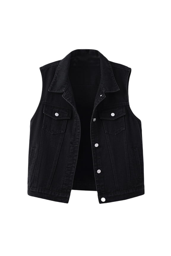 Women's Denim Vest Button Down Collar Sleeveless Slim Tank Waistcoat Casual Fashion Tops, Black M