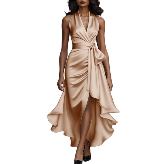 Staron Women's Dress Casual Party V-Neck Sleeveless Ruffle Hem A-Line Cocktail Evening Elegant Solid Color, Beige XL
