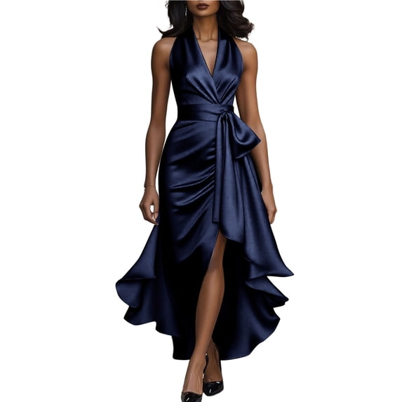 Staron Women's Dress Casual Party V-Neck Sleeveless Ruffle Hem A-Line Cocktail Evening Elegant Solid Color, Navy L