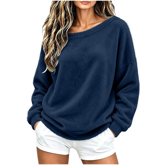 Staron Women's Fall Winter Off Shoulder Long Sleeve Oversized Comfy Casual Sweater Top Navy L
