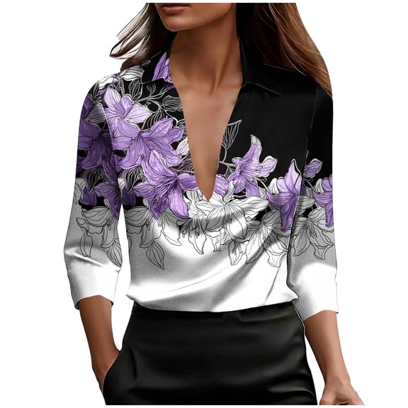 Staron Women's Fashion Retro Print 3/4 Sleeve Lapel Deep V-Neck Top Casual Vacation Party Loose Blouse, Purple S