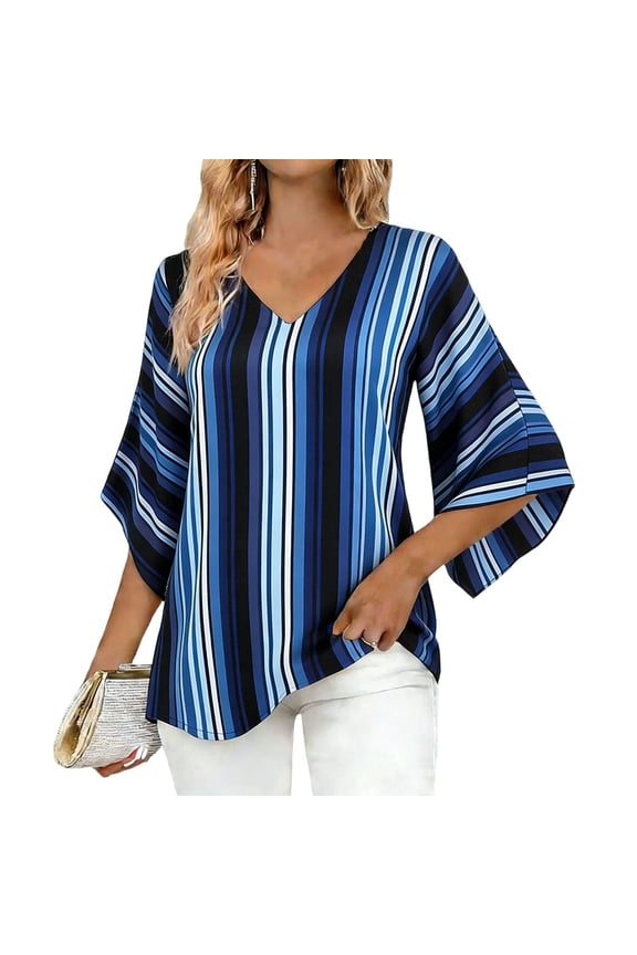 Women's Fashion Striped Print Elegant V-Neck Three-Quarter Sleeve Top Casual Loose A-Line Blouse Shirt, Blue XL