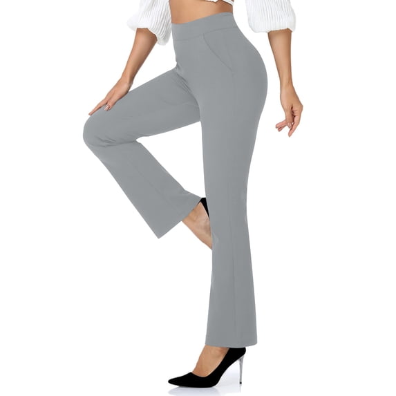 Staron Women's Flare Pants High Waist Casual Knitted Pull-On Trousers Solid Color Slim Fit Elastic Waist with Sashes Beach Vacation Travel, Gray L