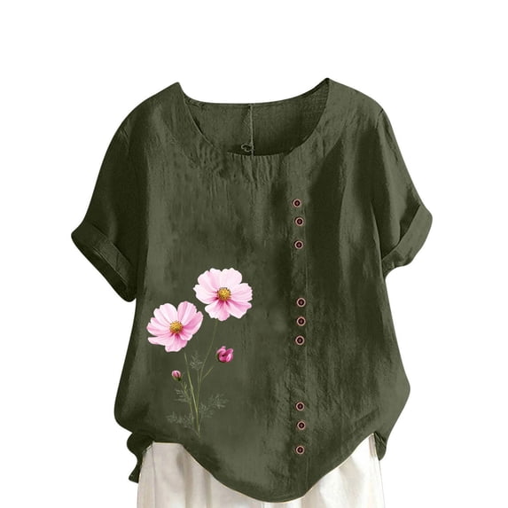 Staron Women's Floral Print Round Neck Short Sleeve Button Down Casual Blouse Plus Size Tunic Top, Army Green M
