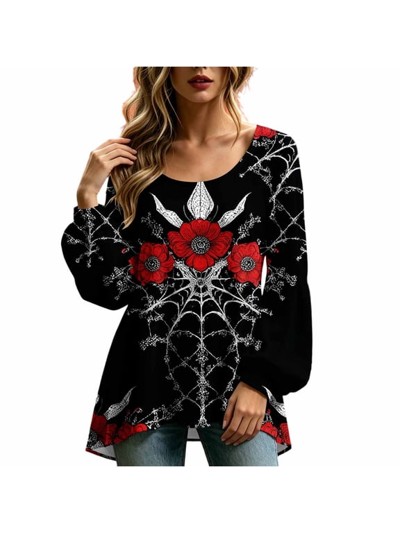 Women's Gothic Tops Flowy Long Sleeve Floral Graphic Round Neck Loose Casual Halloween Party Boho Irregular Hem Embroidery Blouse S