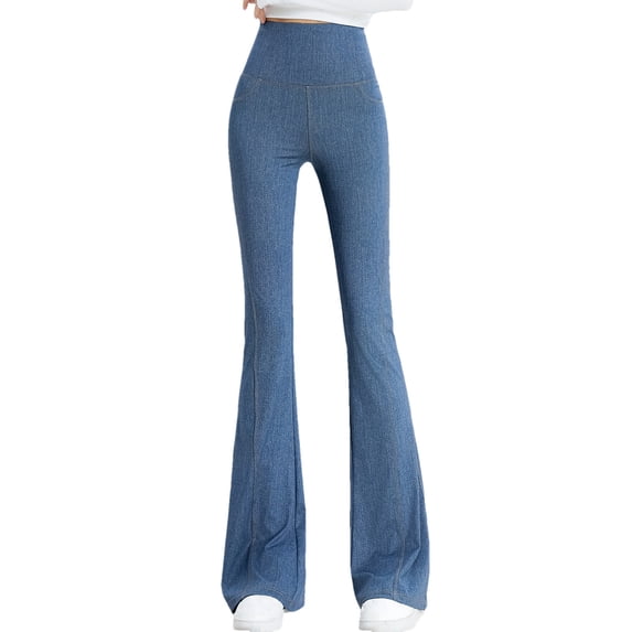 Staron Women's High Waist Flare Leggings Fashion Jean Yoga Pants Stretchy Elastic Pocket Casual Workout Running Fitness Pants, Blue XXL