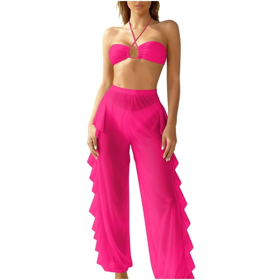 Staron Women's High Waisted Bikini Set Color Block V Neck Two Piece Drawstring Bathing Suit Beach Vacation Swimwear, Hot Pink XL