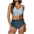 thumbnail image 1 of Staron Women's High Waisted Bikini Set Striped Print Drawstring Swimsuit Crisscross Tie Back Bathing Suit with Removable Pads, Light Blue XL, 1 of 5