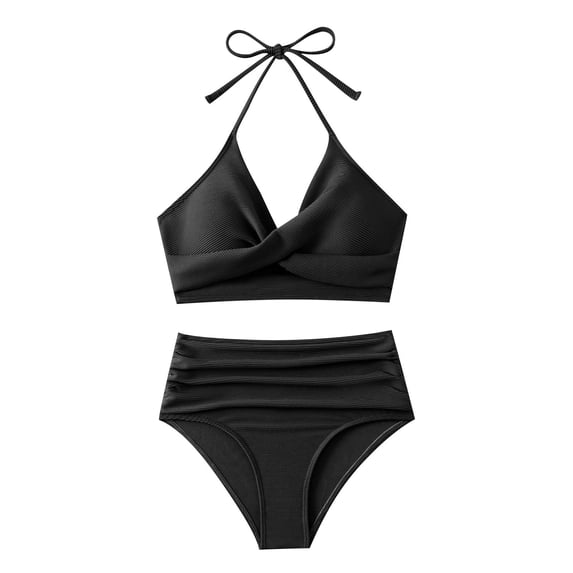 Staron Women's High Waisted Bikini Swimsuit Conservative Solid Color Split Bathing Suit with Coverage Fashionable Beach Vacation Pool, Black M