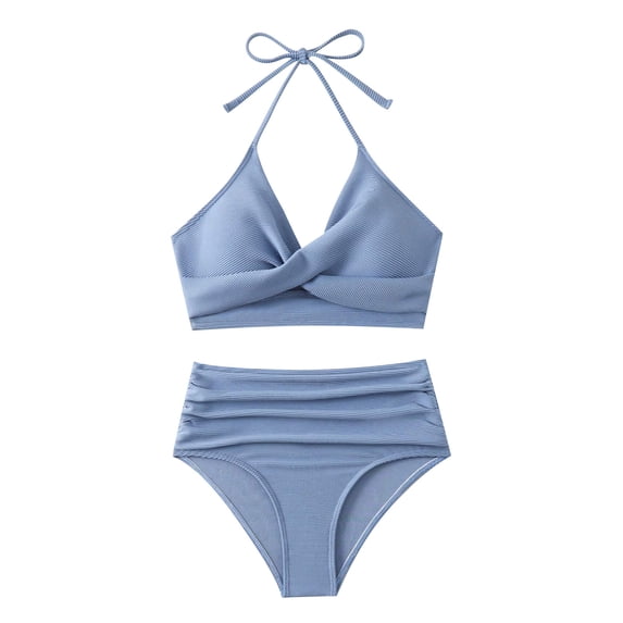 Staron Women's High Waisted Bikini Swimsuit Conservative Solid Color Split Bathing Suit with Coverage Fashionable Beach Vacation Pool, Sky Blue M